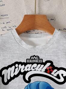 Miraculous Ladybug X SHEIN Young Girls Cartoon Print Short Sleeve T-Shirt, All-Over Print - White - View 5