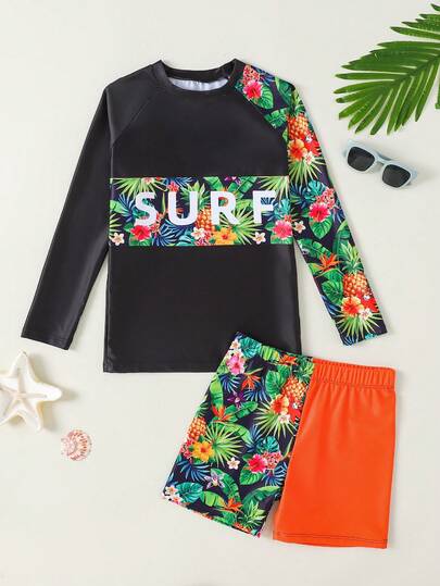 SHEIN Bộ đồ bơi hai mảnh kiểu tankini ôm sát người, họa tiết trò chơi điện tử phát sáng trong bóng tối, thích hợp cho bé trai tuổi teen, mùa xuân/hè và kỳ nghỉ biển.