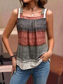 EMERY ROSE Women's Gray Summer Boho Casual Vacation Striped Contrast Color Print Tank Top,Sleeveless T-Shirt For Party,Date,Wedding,Work,Business Elegant,Daily - Multicolor - View 6