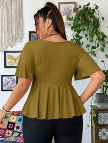 Áo babydoll nữ cỡ lớn mùa hè, kiểu dáng thường ngày, màu trơn, cổ chữ V, tay bồng. - Cà phê nâu - Xem 2