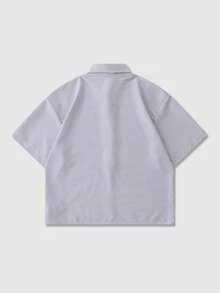 ROMWE MEN 男士休闲条纹字母印花宽松短袖衬衫 - 灰色 - 查看 2