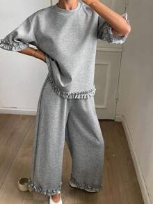 DAZY Setelan Santai Wanita 2 Potong Atasan Berenda Warna Polos dan Celana Panjang Lebar - Light Grey - View 6