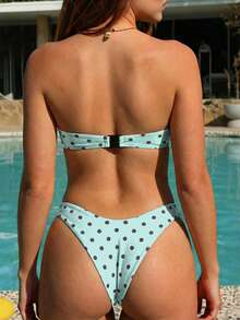 SHEIN Swim Mod 女士夏季海滩度假波点印花褶皱胸部比基尼套装 - 薄荷藍 - 查看 2
