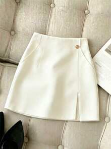 Women's Elegant Commuter Beige High Waist Skirt With Waist Buckle - Apricot - View 1