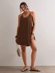 Freevana Plus Size Solid Color Spaghetti Strap Backless Casual Loose Summer Dress - Coffee Brown - View 6