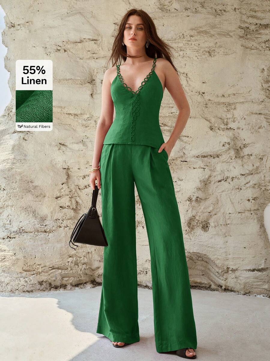 MOTF PREMIUM ÁO NỮ CỔ CHỮ V BẰNG VẢI LINEN, XUÂN/HÈ - màu xanh lá - Xem 1