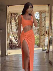 Bonvoyette Cut Out Twist Front Split Thigh Dress - Coral Pink - View 4