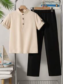 Vacaura 2pcs/Set Teenage Boys' Stand Collar Casual Versatile Shirt + Solid Color Simple Pocket Pants Outfit, Suitable For Daily Wear & Outdoor - Apricot - View 3