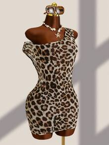1pc Women's Summer Beach Vacation Leopard Print Asymmetric Neck Cover-Up - Multicolor - View 3