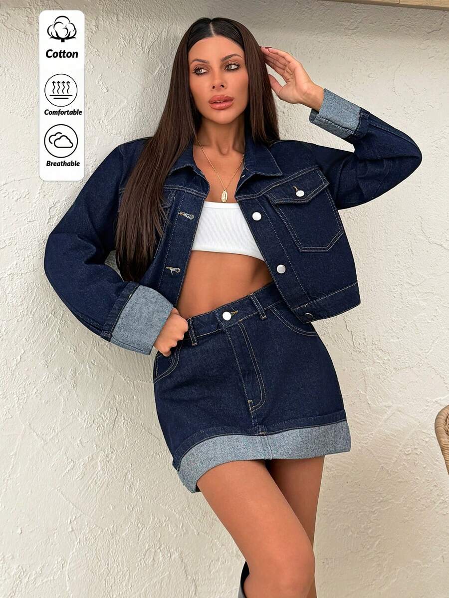 SHEIN Women Dark Blue Jacket & Folded Mini Skirt Denim Two Pieces Outfit Set - Dark Wash - View 1