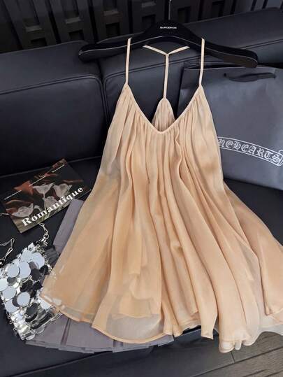 GlowEve Áo hai dây nữ màu trơn chất liệu chiffon xếp ly cổ chữ V dáng rộng, kiểu dáng Pháp cổ điển thanh lịch, phù hợp cho công sở, thường ngày, đi nghỉ mát, tiệc trà chiều, dạo phố, đơn giản và đa năng, mẫu mới xuân/hè.