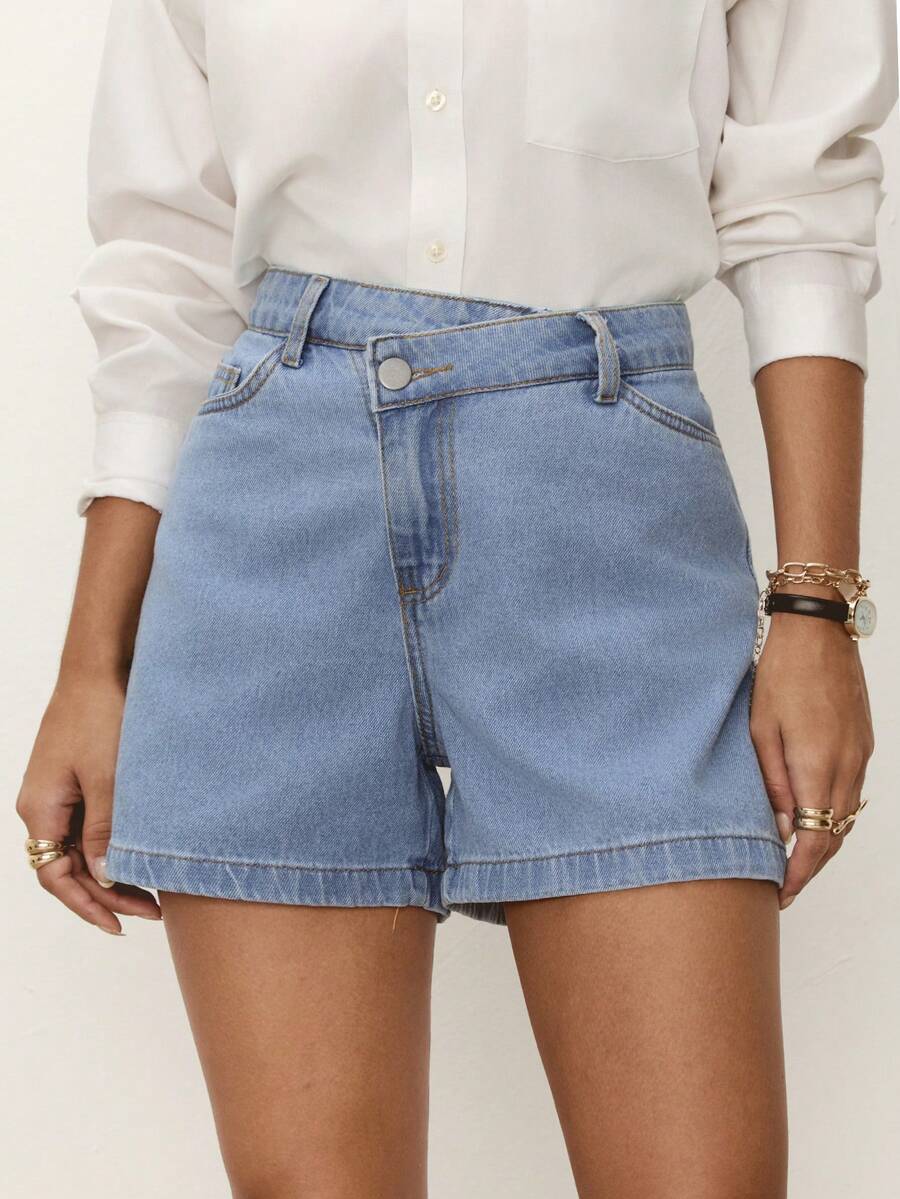 Daynim Quần short denim cạp lệch, túi xéo - Rửa trung bình - Xem 1