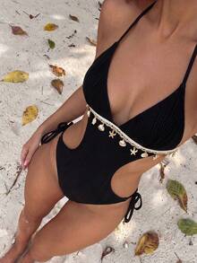 Sunnyshic 1pc Women's Solid Color Wavy Pattern Spaghetti Strap Open Back Bowknot With Shell Chain Decoration One-Piece Swimsuit For Summer Beach Vacation - Black - View 1