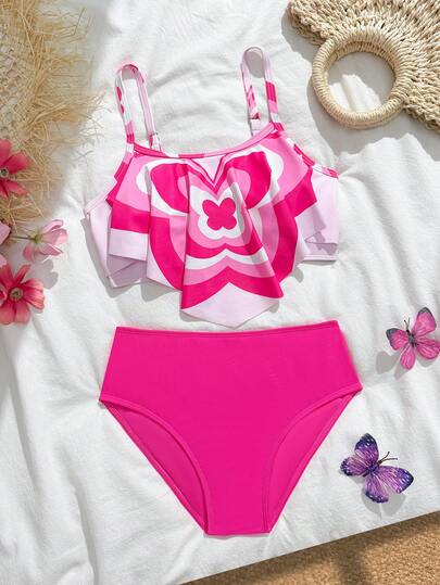 Teenager Mädchen Tankini Badeanzug, verstellbare Träger Schmetterling Design Rüschen Zweiteiler Bademode, angenehmer hautfreundlicher Stoff, geeignet für Wasserpark, Strandurlaub