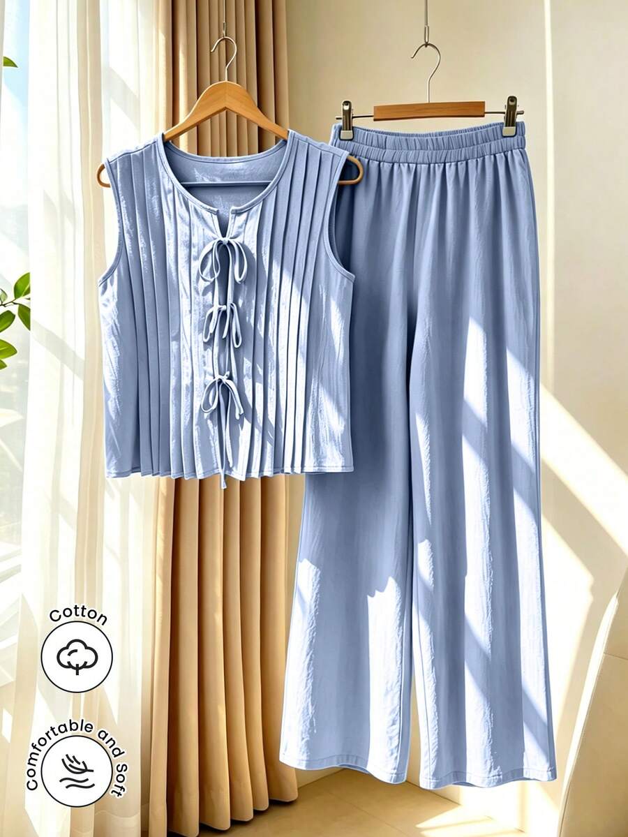 Mulvari 2pcs Set Light Blue Summer Casual Loungewear: Tie Collar Striped Sleeveless Shirt And Elastic Waist Straight Leg Pants Terno Outfit For Women Coords