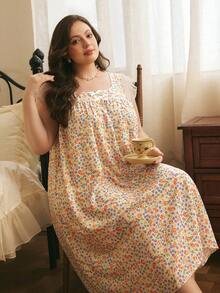 Côtesoire Plus Size Summer Comfortable Small Floral Print Bowknot Ruffle Hem Nightgown - Multicolor - View 4