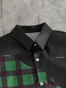 AXEPEAK Men's Fashion Resort Plaid Rhinestone Glitter Detail Single-Breasted Short Sleeve Shirt - Brown - View 5