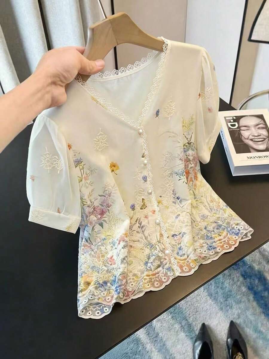 GlowEve 女士刺绣V领短袖衬衫,夏季 - 杏色 - 查看 1