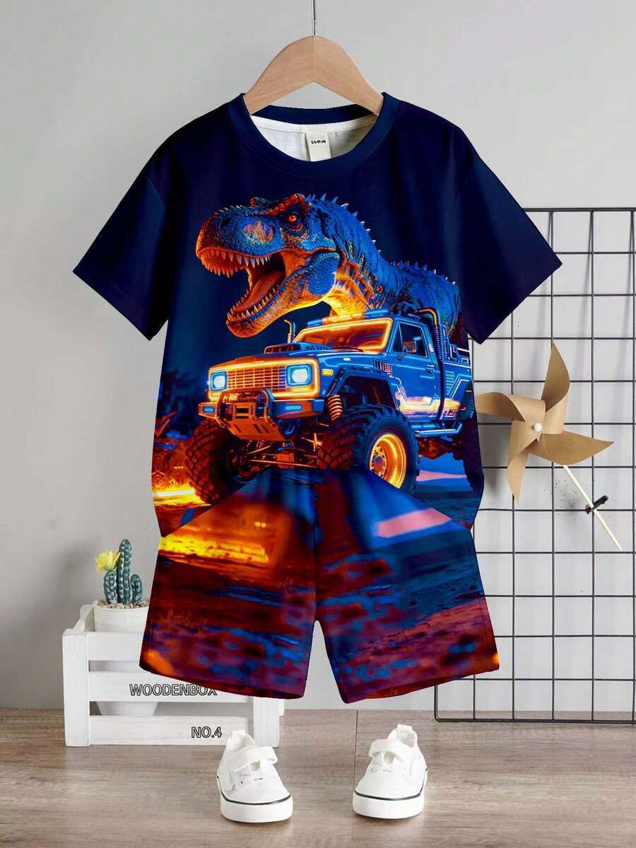 SHEIN 2pcs/Set Young Boy Casual Soft Comfortable Tie-Dye 3D Oversized Dinosaur Print Round Neck Short Sleeve T-Shirt And Shorts Set, Suitable For Summer, Daily, Street, Outing, Home, Vacation, Spring & Summer Fashion, Summer Outfits For , Easy Comfort, Layers For Kids, Stylish Kids, Casual Wear, Kids Graphic T-Shirts, Back To School, Spring & Summer Clothes - Multicolor - View 1