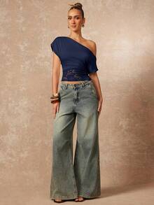 Lumalex Elegant Women Blouse With Shoulder Ruffle,Summer Top - Navy Blue - View 3