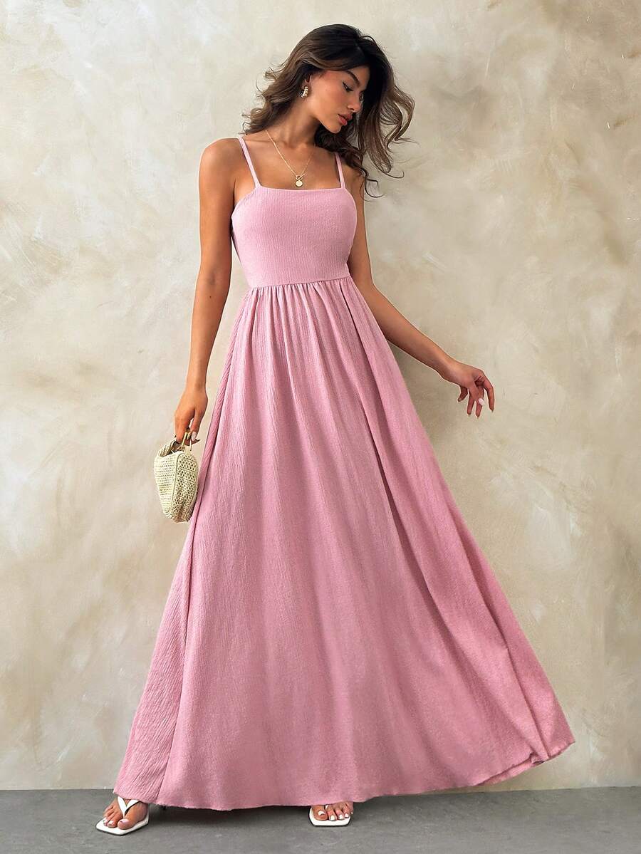 SHEIN Pastel Pink Ruched Bust Maxi Dress – Strappy, Flowy Silhouette, Elegant Summer Dress For Women - Pink - View 1