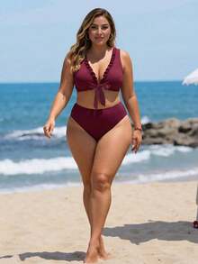 Swim Lushoire Plus Size Fashionable Sexy Casual Vacation Ruffle Deep V-Neck Tankini Swimwear - Burgundy - View 6