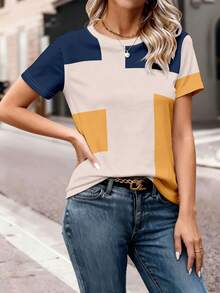 Bộ 2 áo thun ngắn tay nữ, phối màu patchwork, thiết kế cổ điển, phong cách tối giản, dễ mặc thường ngày, thoải mái cho hoạt động ngoài trời, du lịch và nghỉ lễ. - Nhiều màu - Xem 3