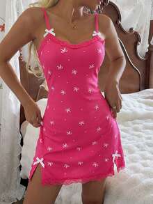 CottageSlumber Women's Sleepwear Ribbed Knit Bow Print Contrast Lace Trim Bow Decor Cute Sweet Sexy Camisole Slip Dress - Hot Pink - View 2
