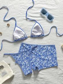 Swim Mod Bộ đồ bơi mùa hè dành cho nữ, thanh lịch, lãng mạn, giản dị, ngọt ngào, dễ thương, gợi cảm, gồm áo bikini buộc cổ màu xanh trắng họa tiết hoa, quần tam giác và quần short, thích hợp cho bãi biển, khu nghỉ dưỡng, spa, tuần trăng mật và kỳ nghỉ thư giãn. - Xanh và trắng - Xem 3