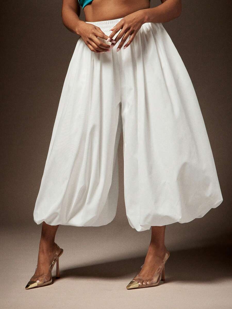 Vixey Pantalones culotte con forma de globo, cintura elástica, tela de cortavientos sólida - Blanco - Ver 1