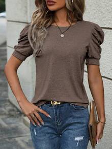 EMERY ROSE Camiseta de mujer de manga de pétalo de unicolor casual, de cuello redondo, para verano - Café integral - Ver 3