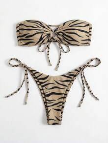 SHEIN Swim 女士夏季沙滩斑马纹性感抹胸比基尼套装，随机印花 - 卡其色 - 查看 1