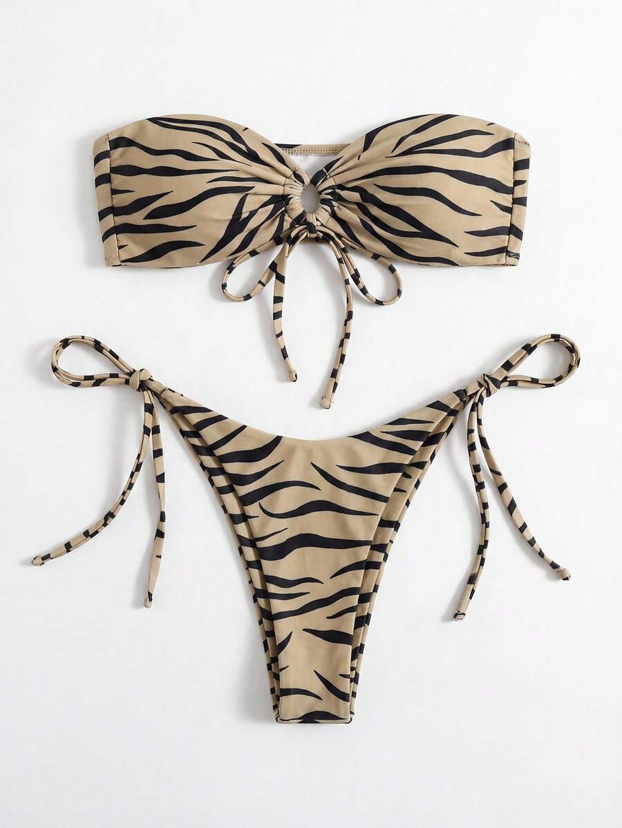 SHEIN Swim 女士夏季沙滩斑马纹性感抹胸比基尼套装,随机印花 - 卡其色 - 查看 1
