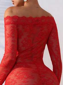 SHEIN Off-Shoulder Lace Sexy Lingerie Dress With See-Through Detail And High Slit UnderwearOuter - Red - View 2