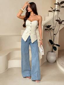 SHEIN PETITE Áo quây nữ chất liệu tweed dày dặn, kiểu dáng mới, thích hợp cho mùa thu/đông, áo không tay kiểu quấn ngực, thích hợp mặc đi làm, kiểu dáng thanh lịch mùa hè. - trắng - Xem 5