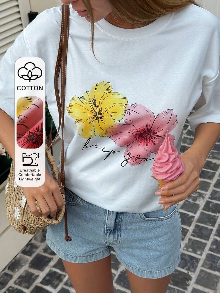 Women's Summer Round Neck Short Sleeve Floral Print Loose Pullover Casual Vacation T-Shirt Graphic Tees Women