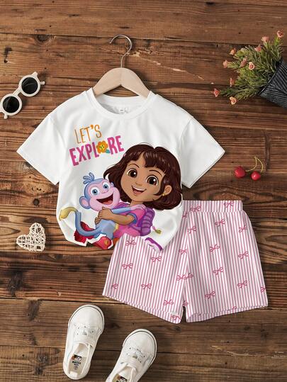 DORA | SHEIN Conjunto informal de camiseta de manga corta con estampado de dibujos animados y shorts a rayas para niña joven