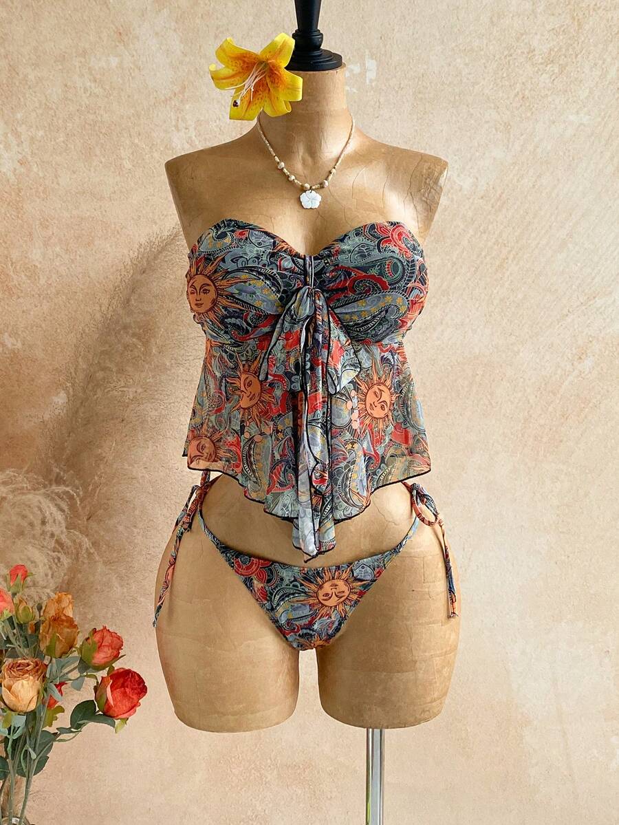 Soleia Traje de baño de tirantes de malla con estampado de girasol en estilo retro americano 2026 - Multicolor - Ver 1