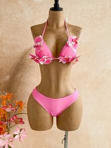 Soleia Women's Cute 3D Floral Halter Tie Bikini Two-Piece Swimwear With Cover Up Skirt 3 Pieces Set - Pink - View 8