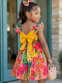 SHEIN 女童雪纺碎花方领荷叶边下摆蝴蝶结露背休闲连衣裙 - 彩色 - 查看 3