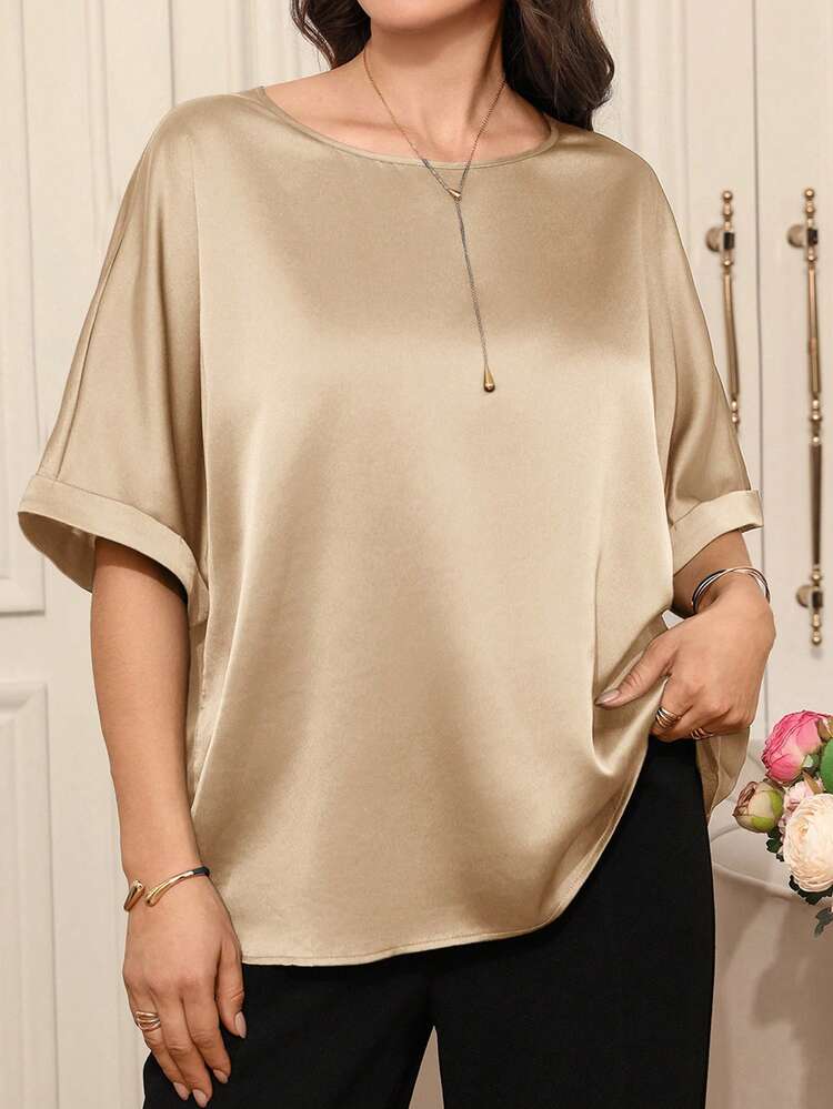 Plus Size Women's Solid Color Crew Neck Pique Spring/Summer Elegant Pullover T-Shirt