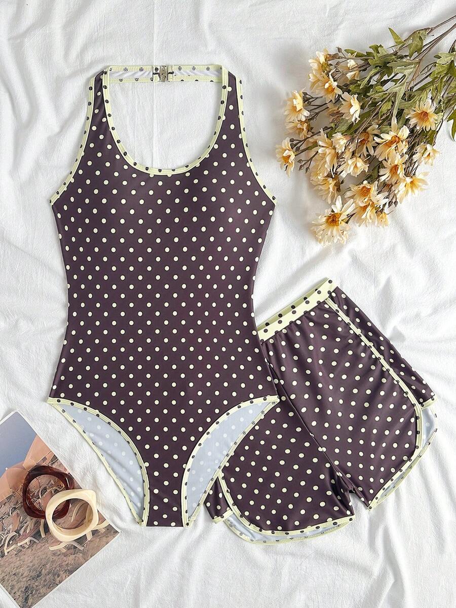 Teen Girls Striped Print Halter Neck One-Piece Swimsuit With Crop Top And Shorts 2-Piece Set, Summer - Multicolor - View 1
