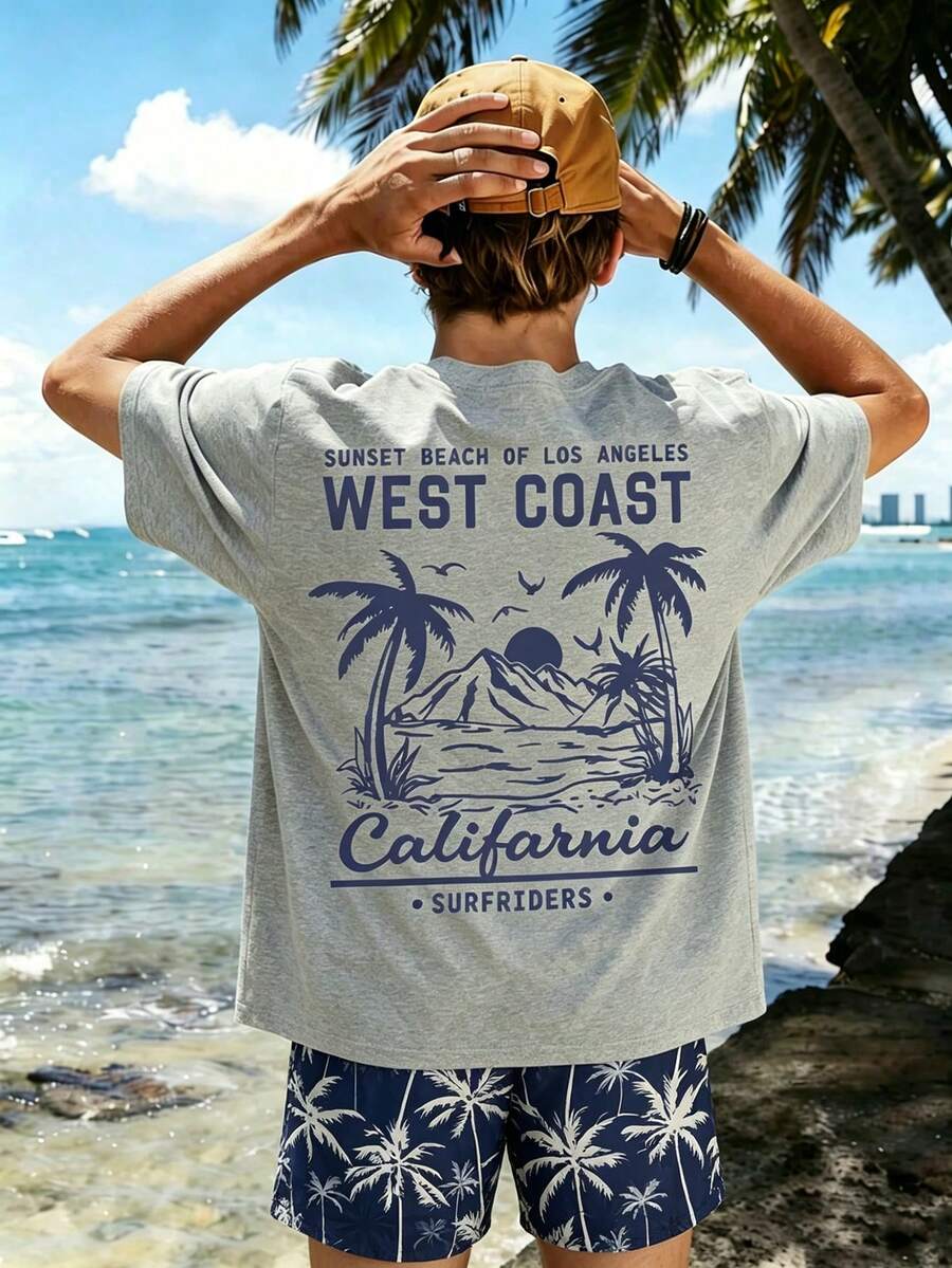 SHEIN Streecool Kids 2 pièces/Set Tenue décontractée confortable et polyvalente pour jeune garçon, t-shirt à manches courtes doux et short, ensemble de sport, style vacances avec imprimé dégradé de palmiers, idéal pour le printemps/été, vêtements décontractés à la mode, rentrée scolaire, pique-nique en plein air, photographie de rue, campus, festivals, cadeaux - Multicolore - Voir 1
