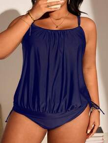 Swim Lushoire Plus Size Women 2pcs Black Camisole Tummy Control Tankini Swimwear Set - Navy Blue - View 1