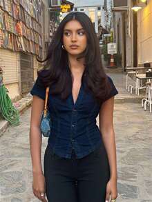 Siren Gaze 女士春夏新款收腰纽扣短袖衬衫 - 藏蓝色 - 查看 1