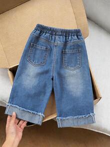 Baby Girls' Summer Washed Comfortable Loose Wide Leg Elastic Waist Straight Fit Mid-Blue Denim Jeans - Blue - View 2