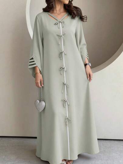 Yasmyna Đầm maxi Thổ Nhĩ Kỳ tay dài thanh lịch dành cho nữ, phối màu tương phản, điểm nhấn là nơ.