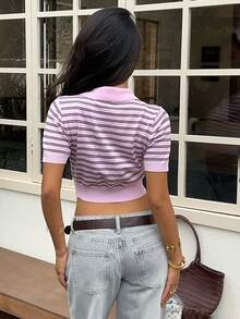 SHEIN EZwear Áo dệt kim nữ tay ngắn, vai thường, ôm sát, khóa kéo nửa thân, kẻ sọc, kiểu dáng thường ngày. - Hồng - Xem 3