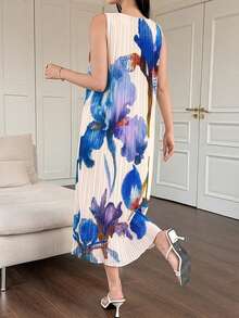 DAZY Women's Elegant Floral Pleated Sleeveless Straight Midi Dress, Summer Sun Dresses For Women - Blue - View 2