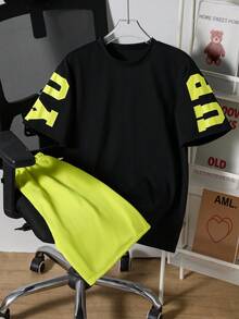 SHEIN Coolqubz 2件套青少年男童夏季休闲户外字母印花圆领短袖T恤和运动跑步短裤 - 綠色 - 查看 4